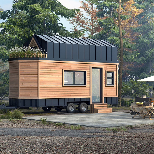 Casa min&uacute;scula port&aacute;til pr&eacute;-fabricada sobre rodas, pronta para enviar, design expans&iacute;vel com banheiro, cozinha, casa moderna de trailer de madeira