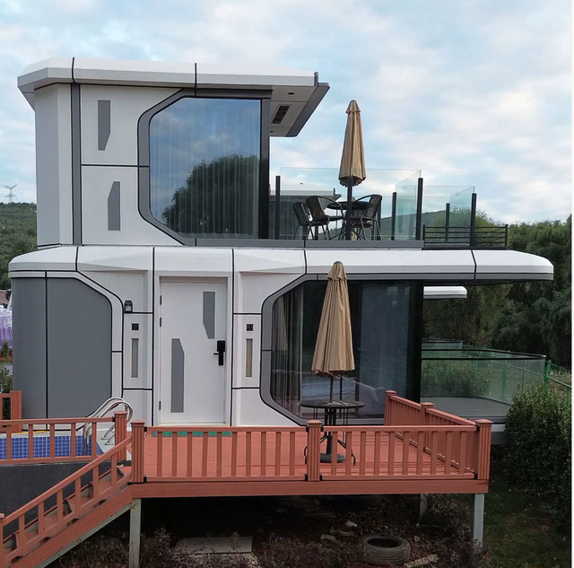 Conteneur en acier l&eacute;ger &agrave; deux &eacute;tages, maison d'h&ocirc;tes modulaire modulaire, zone panoramique, h&ocirc;tel, maison capsule spatiale, Design moderne personnalisable